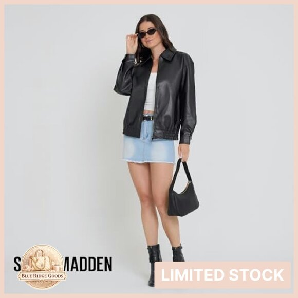 Oversized Faux Leather Bomber Jacket Classic Moto Style Chic Retro - Picture 3 of 8